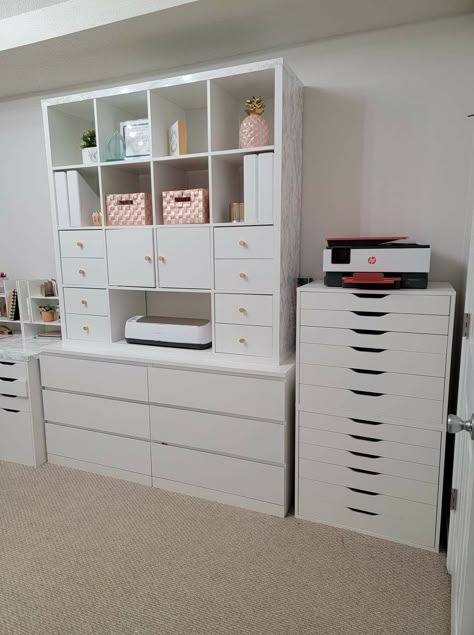 Ikea Desk Storage Ideas, Kallax On Top Of Dresser, Kallax Homeschool Organization, Ikea Alex Craft Room, Ikea Kallax Office, Kallax Home Office, Kallax Craft Storage, Kallax Craft Room, Ikea Craftroom