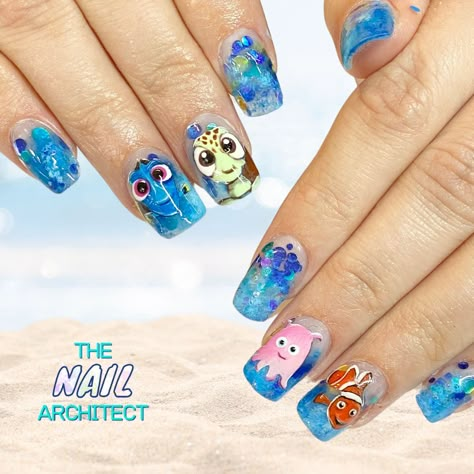 Finding Nemo Nail Art, Nemo Nail Art, Pixar Nail Art, Finding Nemo Nails, Inside Out Nails, Nemo Nails, Disney Character Nails, Disney Cruise Nails, Moana Nails