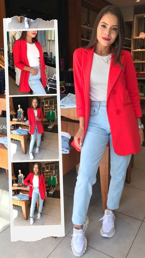 Red Blazer Outfit Casual, Outfit Con Blazer, Red Blazer Outfit, Sneakers Outfit Work, Maxi Blazer, Casual Oufits, Outfits Con Jeans, Blazer Outfits Casual, Outfits Jeans