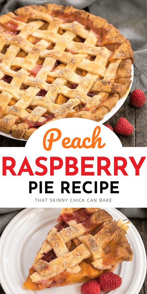 Lattice Topped Peach Raspberry Pie - a magnificent fruit combination in a buttery pastry crust. An outstanding summer fruit pie! #peachpie #latticecrust #peaches #raspberry #peachraspberrypie #summerdessert #thatskinnychickcanbake Peach Raspberry Pie, Raspberry Pie Recipe, Pie Ideas, Peach Raspberry, Fruit Combinations, Raspberry Pie, Pastry Crust, Fruit Pie, Peach Pie