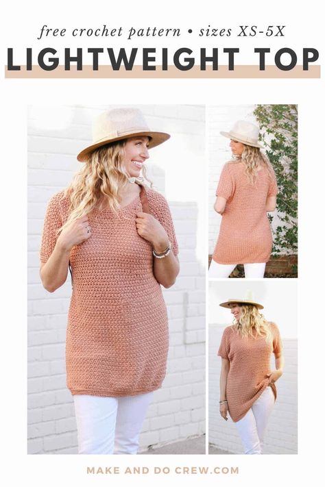 Crochet a tunic shirt with this free crochet pattern from Make and Do Crew! Simple stitches, a relaxed fit & flattering drape make this a piece you’ll reach for all season. Pair it with leggings or pixie pants for a cute summer outfit or toss it on as a pool cover up! Cap sleeves & extra length offer just the right coverage & this lightweight crochet beach tunic is flattering on all body styles. Visit the blog to get the free summer crochet top pattern today! I Crochet Clothing and Accessories Tunic Pattern Free, Crochet Tunic Pattern, Crochet Sweater Free, Make And Do Crew, Crochet Sweater Pattern Free, Crochet Tops Free Patterns, Make Do, Crochet Clothing And Accessories, Pixie Pants