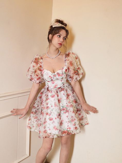 Flower Print Dress Short, Trending Short Dresses, Short Flowery Dresses, Cute Birthday Frocks For Women, Floral Birthday Outfit, Floral Organza Frocks For Women, Organza Short Frocks For Women, Birthday Short Dresses, Spring Birthday Dress