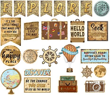 Amazon.com : 25 Pieces Travel Map Bulletin Board Mini Travel Decoration Cutouts Travel Themed Board Sign Travel Wall Classroom Decoration Party Decors with Adhesive Dots for Kids Nursery Homeschool Kindergarten : Office Products Travel Bulletin Boards, Vintage Classroom Decor, History Bulletin Boards, Travel Theme Classroom, Classroom Borders, Teachers Room, Travel Wall Decor, Social Studies Classroom, Bulletin Board Decor