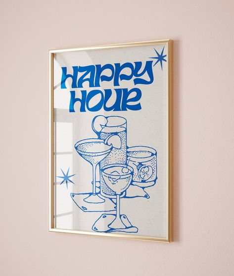 Happy Hour Illustration, Bar Cart Gallery Wall, Happy Hour Decor, Happy Hour Poster, Birthday Card Inspo, Drink Prints, Cocktail Wall Art, Cocktail Illustration, Room Revamp