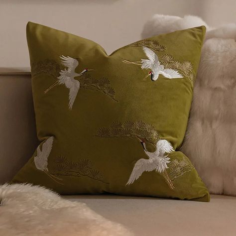 44232751087779|44232751218851 Living Room Pillow Ideas, Patterned Pillows, Embroidered Pillows, Turkish Decor, Chinese Embroidered, Crane Design, Chinese Aesthetic, Silk Pillow Cover, Embroidered Throw Pillows