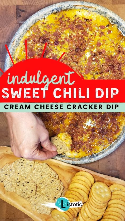 Bacon Sweet Chili Ritz Cracker dip. Ultimate Indulgent Cream Cheese Appetizer with Sweet Chili Glaze! Ritz crackers and cream cheese with cheddar and bacon. Yummy served as a warm or cold. Make-ahead of a party and have it ready for any occasion. You'll be asked for the recipe and to bring it over and over. This is seriously the best cream cheese party dip. See the full recipe, tips, and instructions on Listotic. #crackerdip #sweetchili #appetizer #listotic Cream Cheese Cracker Dip, Crackers And Cream Cheese, Chili Cream Cheese Dip, Tailgate Wedding, Warm Appetizers, Cream Cheese Recipes Dip, Cracker Dip, Cream Cheese Appetizer, Cheese Dip Recipe