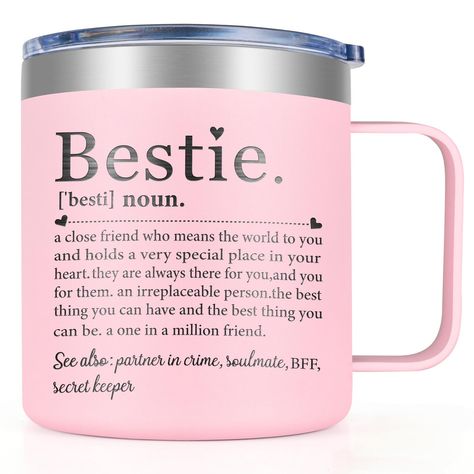 PRICES MAY VARY. BEST FRIENDS GIFTS FOR WOMEN: Our bestie coffee mug is a perfect friendship gift for your best friends. Whether it’s as birthday gifts for your bestie, as friendship gifts for work bestie, as bestie gifts for women, or as best friends for women unique, this bestie mug is undoubtedly thoughtful gift for women. BESTIE MUG: The Bestie Definition Insulated coffee mug captures the essence of your friendship in a unique and stylish way. The cup features the word "bestie" along with it Best Friend Tumbler Cups Funny, Goodie Bag Gift Ideas, Bestie Definition, Bestie Ideas, Friendship Messages, Birthday Purple, Gifts For Best Friends, Work Bestie, Longing Quotes