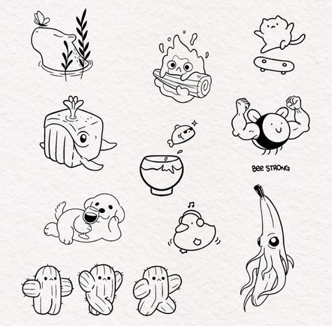 Cute Small Linework Tattoos, Small Tattoo Linework, Ink Box Tattoo Ideas, Small Silly Tattoos Fun, Silly Flash Tattoos, Small Line Work Tattoo Simple, Cute Silly Tattoos, Hippie Tattoos For Women, Tiny Drawings Doodles