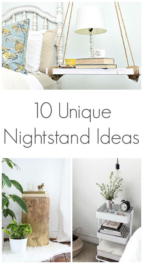 Ten Unique Nightstand Ideas - Loving these unique nightstand ideas. #bedroominspiration #nightstandideas Diy Bedside Tables Night Stands, Shelf Instead Of Nightstand, Nightstand Shelf Ideas, Night Stand Ideas Small Spaces, Ideas For Bedside Tables, Night Stand Alternative Small Spaces, Diy Night Tables Bedroom, Diy Minimalist Nightstand, Shelves As Bedside Tables