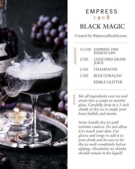 @dawnofthedelicious has concocted this alluring, yet forbidden brew that’ll simply leave you enchanted! With its smoky appearance and effervescence of champagne, the Black Magic cocktail is bound to steal the show at your spooky gathering! ✨ The Necromancer Cocktail, Practical Magic Cocktail, Practical Magic Drink, Black Magic Cocktail, Lord Of The Rings Cocktail, Black Cocktail Recipes, Witchy Cocktail Recipe, Edgar Allen Poe Cocktails, Necromancer Cocktail