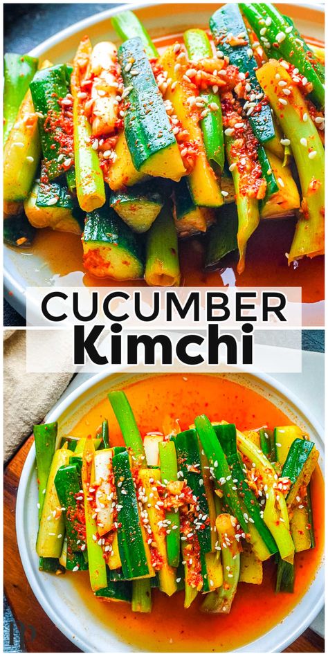 This Cucumber Kimchi recipe is made with crunchy cucumber smothered in tasty garlic, pepper, and ginger sauce that is so easy to make. Cucumber Kimchi Recipe, Fermented Vegetables Recipes, Cucumber Kimchi, Kimchi Recipe, Fermentation Recipes, Fermented Vegetables, Ginger Sauce, Cucumber Recipes, Korean Recipes