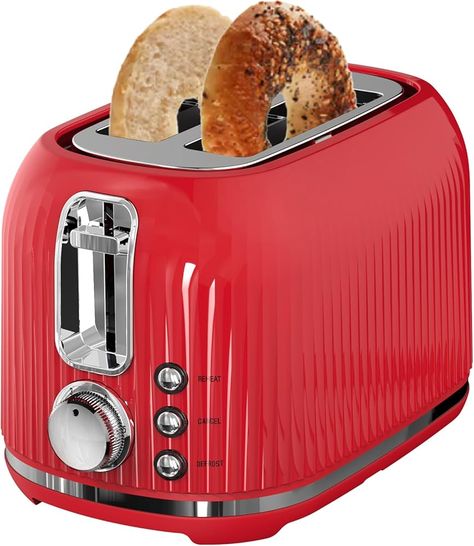 2-Slice Toaster with Extra Wide 1.5" Slots, 6 Browning Levels, Removable Crumb Tray, Defrost, Reheat & Cancel Functions, High-Lift Lever, Easy to Clean - Red & Silver Chrome : Amazon.co.uk: Home & Kitchen Red Toaster, Bagel Bread, Mini Oven, Fruit Bread, Types Of Bread, Silver Chrome, Bread Machine, Artisan Bread, Toaster Oven