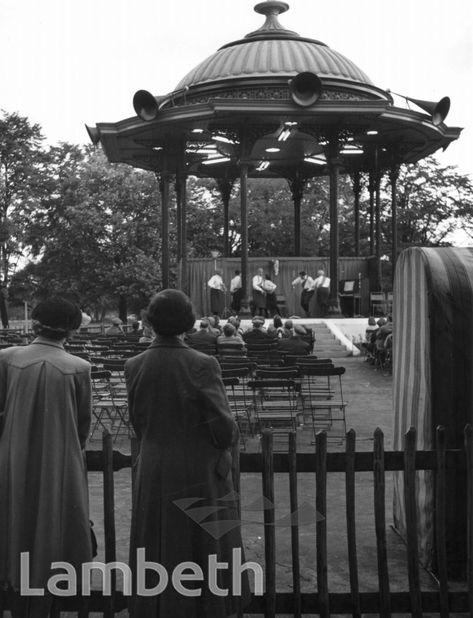 Bandstand, Clapham Common, circa 1957. Erected in 1890, the architect was T Blashill, who worked for the L.C.C. at the time. The bandstand is a Grade II listed structure. Details Collection: Stutchbury Image type: Photograph Artist: Babs Stutchbury Ref: 20274 Identifier: SP2290 Date: c.1957 Teddy Boy, Clapham Common, Teddy Boys, The Architect, Old London, London Photos, Historical Pictures, Image Types, Old Photos