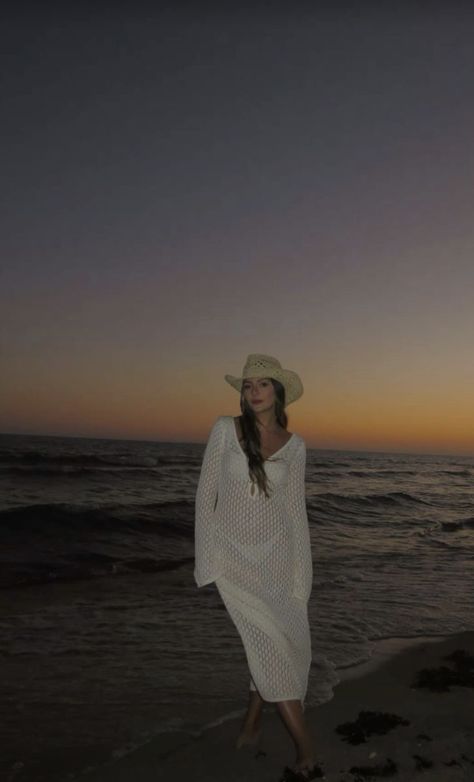 beach at sunset, crochet coverup and cowboy hat Cowboy Hat Beach Outfit, Beach Outfit Crochet, Mexico Beach Aesthetic, Hat Beach Outfit, Cowboy Hat Beach, Penasco Mexico, Puerto Penasco Mexico, Aesthetic Mexico, Crochet Coverup