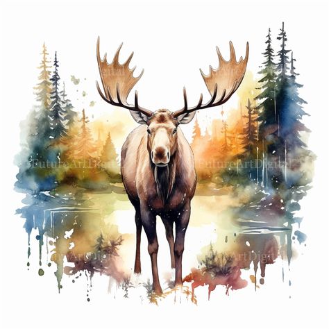 Watercolor Moose, Moose Clipart, Double Exposition, Decoupage Vintage, Rustic Art, Watercolor Illustrations, Jpg Images, Wildlife Nature, Clipart Design