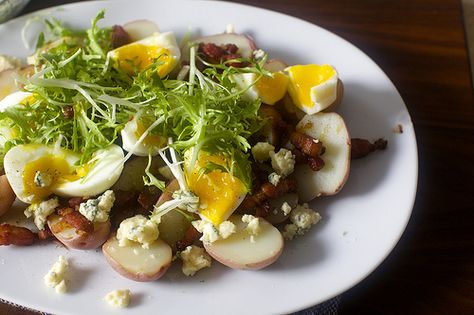 potatoes with soft eggs and bacon vinaigrette Salad Lyonnaise, Warm Bacon Vinaigrette, Soft Eggs, Smitten Kitchen Recipes, Lyonnaise Potatoes, Curly Endive, Bacon Vinaigrette, Eggs Salad, Brunch Salad