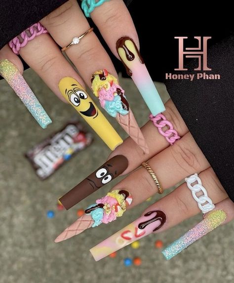 Honey Phan Nails, Cereal Nails, Easter Spring Nails, Ratchet Nails, Fall Nails Art, Xxl Nails, Rave Nails, Food Nails, Gel Paint