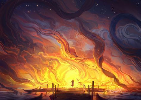 Fire Art, Caravaggio, Ethereal Art, Environment Concept Art, Fantasy Landscape, On Fire, Pretty Art, The Ocean, Digital Illustration