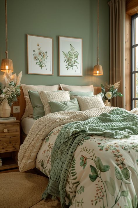 green bedrooms, earthy bedrooms, bedroom inpiration, forest bedroom, bedroom decor, Botanical Bedroom, Green Bedrooms, Green Bedroom Decor, Sage Green Bedroom, Bedroom Bliss, Green Walls, Redecorate Bedroom, Decor Ideas Bedroom, Bedroom Refresh