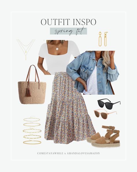 Spring outfit inspo. Women's spring fashion. Gold jewlery. Tan platform sandals. Sunglasses. Square neck bodysuit. Cropped jean jacket. Flowy floral skirt outfit. Easter outfit inpo. Modest outfit inspo. Casual spring outfit inspo. Follow Comestayawhile for authentic, realistic DIY from a self taught mom working hard to upgrade her neutral modern farmhouse home on a budget. Follow Amandalovesamazon for all the best deals on home decor, trending fashion finds, and budget friendly beauty items. Mom Easter Outfit Casual, Casual Easter Outfits For Women Jeans, Casual Easter Outfits For Women, Easter Outfit Women, Spring Picture Outfits, Floral Skirt Outfit, Flowy Floral Skirt, Neutral Modern Farmhouse, Casual Easter Outfit