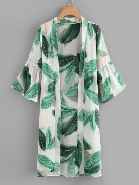 Leaf Print Flounce Sleeve Kimono -SheIn(Sheinside) Pola Jaket, Kimono Online, Kimono Outfit, Mode Kimono, Womens Kimono, Print Kimonos, Flounce Sleeve, Kimono Cardigan, Fashion Design Clothes