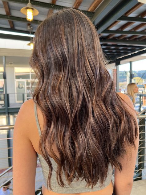 Brunette Dimension Hair, Brunette Highlights 2023, Hair Down To Hips, Brunette Hair Light Highlights, Long Hair With Layers Brunette Low Lights, Dark Brown Hair W Brown Highlights, Summer Brown Highlights, Brunette Foil Highlights, Brown Hair Balayage Straight Long