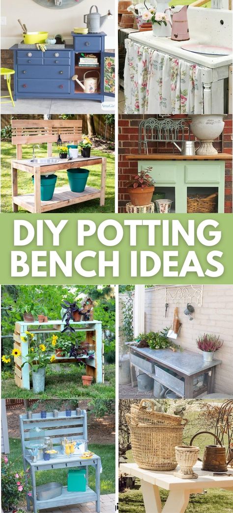 Every garden needs a potting bench! You'll find lots of DIY inspiration here! More than a dozen DIY potting bench ideas and step-by-step tutorials and plans. Includes projects for every skill level. Also includes pallet potting benches, upcycled potting benches and gardening benches made from reclaimed materials. Includes tips on the best types of wood to use for a potting bench, plus must-have features. Garden Workbench, Camping Appetizers, Garden Pond Diy, Potting Benches Diy, Potting Area, Pallet Potting Bench, Upcycle Door, Potting Bench Ideas, Diy Potting Bench