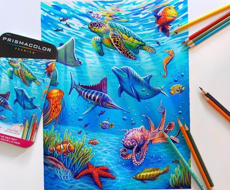 Under The Sea Drawings, Underwater Drawing, Colored Pencil Art Projects, Octopus Drawing, Ocean Drawing, Sea Drawing, Pencil Drawings For Beginners, Prismacolor Art, Colored Pencil Artwork