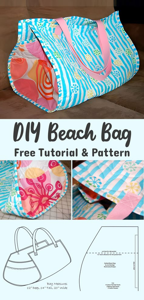 Beach Bag - Free Pattern & Tutorial Beach Tote Bags Diy, Fun Beach Bag, Beach Bag Tutorials, Diy Beach Bag, Beach Bag Pattern, Pre Quilted Fabric, Tote Bag Pattern Free, Bag Pattern Free, Diy Bags Patterns