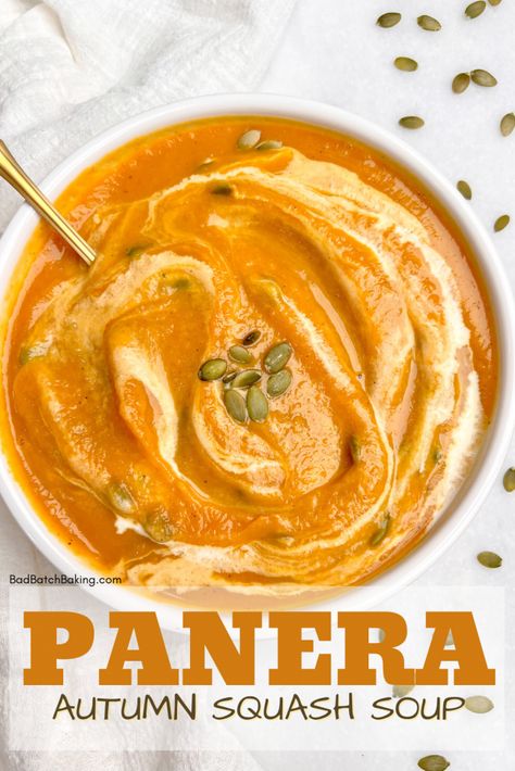 Panera Autumn Squash Soup Copycat Recipe Paula Deen Butternut Squash Soup, Squash Vegetable Soup, Creamy Soup Recipes Healthy, Canned Squash Soup, Panera Butternut Squash Soup Recipe, Pumpkin Or Squash Soup, Autumn Soup Panera Recipe, Panera Autumn Soup, Best Squash Soup