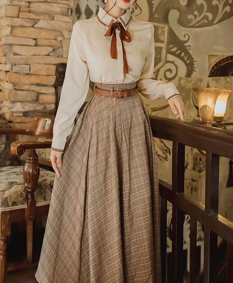 40s Mode, Shirt Dress Fall, Ribbon Blouse, Plaid Skirt Set, Cottagecore Outfits, Old Fashion Dresses, Vintage Inspired Outfits, Vintage Style Dresses, Mode Vintage