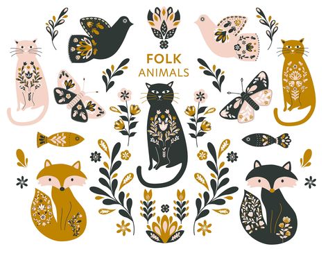 Scandinavian Cat Illustration, Folk Art Nursery, Czech Folk Art, Scandinavian Folk Art Swedish Style, Nordic Christmas Scandinavian Style, Folk Art Wallpaper, Folk Animals, Folk Art Animals, Scandinavian Illustration