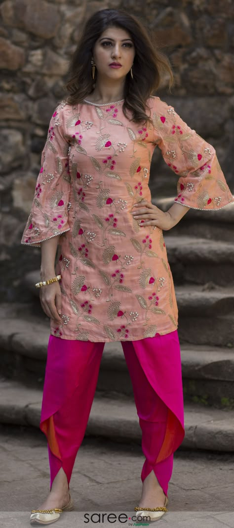 Silk Kurti Designs, Tulip Pants, Indian Kurti Designs, Embroidered Kurti, Fashion Week Outfit, Salwar Designs, Kurti Designs Latest, Long Kurti Designs, Kurta Neck Design