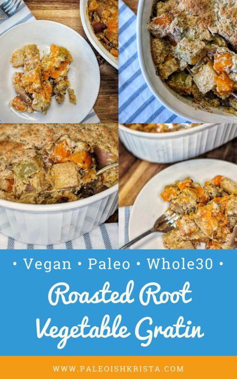 Vegan Roasted Root Vegetable Gratin Root Vegetable Gratin, Vegan Roast, Roasted Root Vegetables, Easy Holiday Recipes, Winter Vegetables, Vegan Main Dishes, Root Vegetables, Whole 30 Recipes, Side Recipes