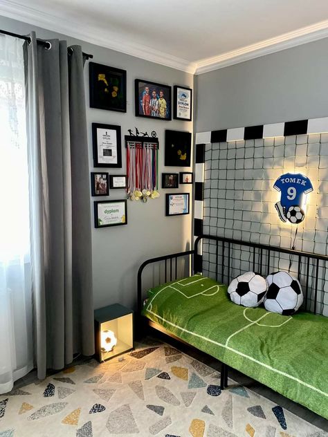 Soccer Bedroom Ideas For Boys, Soccer Boys Room, Boys Soccer Bedroom Ideas, Boys Bedroom Ideas Football, Football Themed Bedroom For Boys, Soccer Room Ideas For Boys, Boys Football Bedroom Ideas, Football Bedroom Ideas For Boys, Kids Football Bedroom