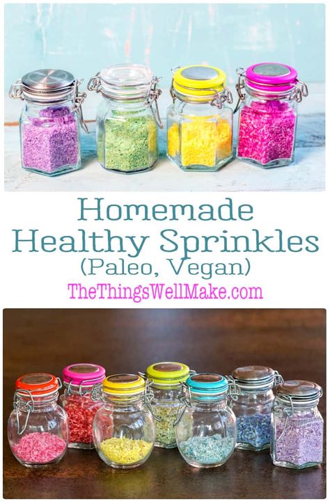 Living a healthy lifestyle doesn't have to be boring. Make these fun sprinkles with vibrant colors that are made with natural ingredients that you likely already have in your kitchen. #paleodiet #healthyrecipes #naturalcolorings #thethingswellmake #sprinkles Healthy Sprinkles, Dye Free Sprinkles, Homemade Sprinkles, Organic Sweets, Natural Sprinkles, Paleo Keto Recipes, Gaps Recipes, Diy Sprinkles, Living A Healthy Lifestyle