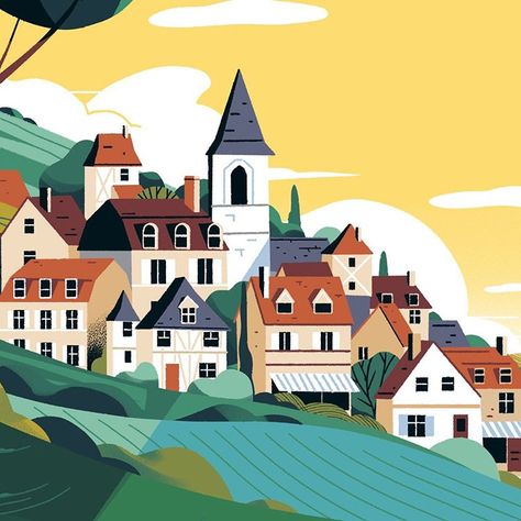 Little French village. A drawing for UNOFI the French financial notaries. . . . @colagene.clinique.creative #unofi #frenchvillage… Village Illustration, Drawing Ipad, Baby Logo Design, French Village, Limited Palette, Happy Farm, Abstract City, House Illustration, City Illustration