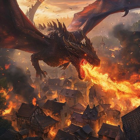 photorealistic, a dragon hovering over a village, flames are streaming from the dragon's mouth --v 6.0 Burning Village, Dragon Breathing Fire, Dragon Flame, Burning City, Breathing Fire, Dragon Fire, Fire Dragon, Ap Art, Red Dragon