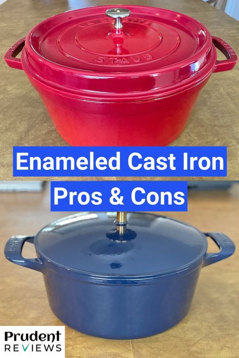 18 Pros and Cons of Enameled Cast Iron Cookware (Complete List) Cast Iron Enamel Cookware Recipes, Cuisinart Enamel Cast Iron, Cast Iron Enamel Cookware, Enamel Cast Iron Skillet Recipes, Cooking With Enameled Cast Iron, Enameled Cast Iron Recipes, Enamel Cast Iron Recipes, Enamel Cast Iron Cookware, Cast Iron Pot Recipes