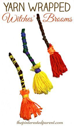 Yarn wrapped witches' brooms crafts for Halloween. A great fine motor skill activity and kid's crafts. Arts & craft for preschoolers. Motor Skill Activity, Crafts For Halloween, Witches Brooms, Craft For Preschoolers, Pagan Crafts, Casa Halloween, October Crafts, Art And Craft Ideas, Fun Halloween Crafts