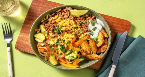 Zesty Beef Bowls Recipe | HelloFresh Beef Bowl Recipe, Crispy Roasted Potatoes, Lime Aioli, Beef Bowl, Vegetarian Meal Plan, Beef Bowls, Sweet Bell Peppers, Family Fresh Meals, Fresh Recipes