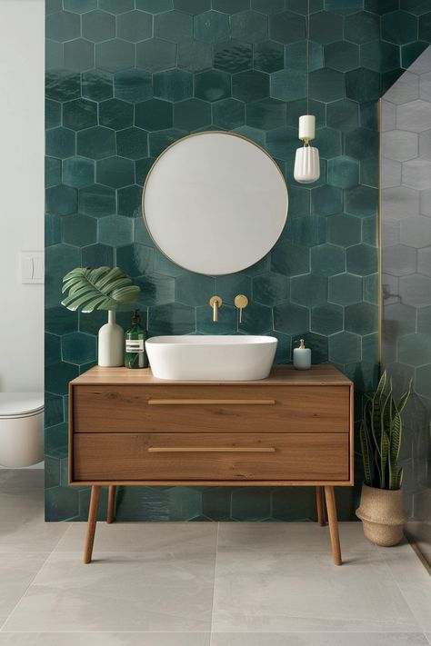 Mid Century Modern Condo Interior Design, Mid Century Modern Bathrooms, Mulberry Bathroom, Mcm Bathroom Ideas, Mid Century Modern Half Bath, Mid Century Bathroom Tile, Midcentury Bathroom Design, Mid Century Modern Bathroom Tile, Mid Century Powder Room