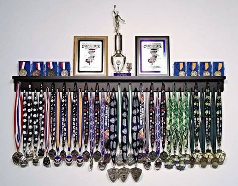 Medal Hanger Ideas, Trophy And Medal Display Ideas, Hanging Medals Ideas, Metal Display Ideas, Medal Display Ideas Diy, Medal Holder Ideas, Hockey Medal Holder, Trophy Display Shelves, Award Wall