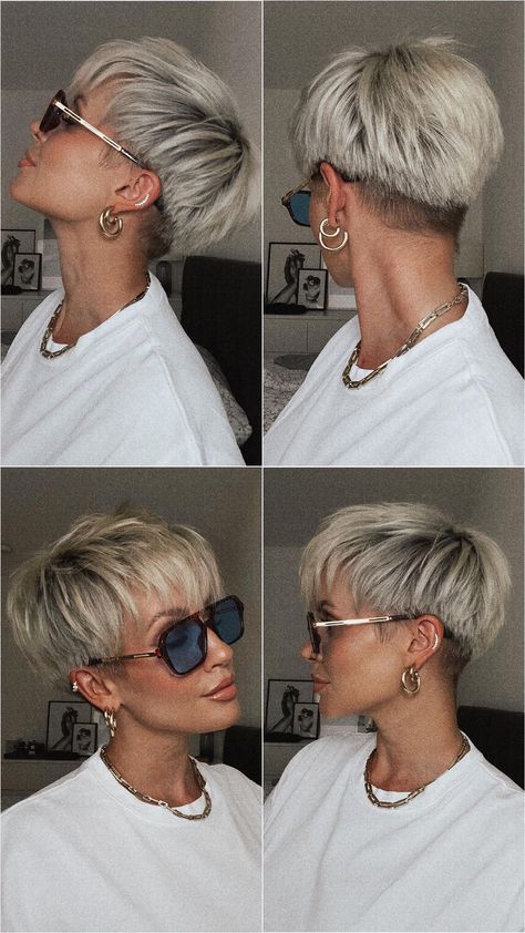 Madeleine Schön | Ich liebe dieses Produkt so sehr, weil es meinem Haar eine edle Kühle verleiht OHNE sie auszutrocknen🫶🏽 Keiner steht auf Stroh auf dem… | Instagram Short Blonde Hair Pixie, Short Bleach Blonde Hair, Pixie Cut Blonde Hair, Pixie Blonde Hair, Very Short Bob Hairstyles, Selfie Sunday, Short White Hair, Short Silver Hair, Blonde Pixie Hair