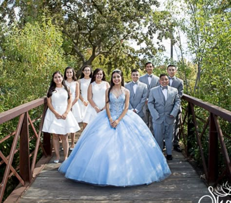 Cinderella Quinceanera Chambelanes, Quince Chambelanes Outfits Light Blue, Cinderella Quinceanera Dama Dresses, Light Blue Quince Chambelanes, Light Blue Quince Court, Outside Quinceanera, Light Blue Dama Dresses, Blue Quince Court, Quinceanera Ideas Blue