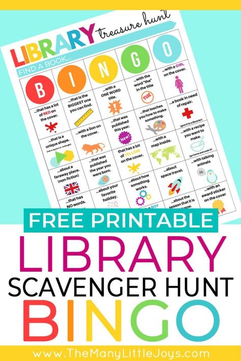 Library scavenger hunt for kids Part 2: BINGO version - The Many Little Joys Homeschool Library Programs, School Library Activity Ideas, Library Teacher Ideas, Library Treasure Hunt, First Day Of Library Activities, Library Scavenger Hunt For Kids, Library Scavenger Hunt Elementary, Elementary School Library Ideas, Library Activities For Kids