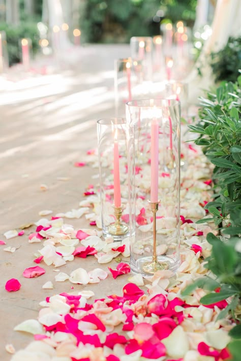 i may like the idea of light pink/blush and white candles on gold candlesticks inside of glass for ceremony and reception? Pink Wedding Ceremony Decor, Hot Pink Wedding Florals, Candle Ceremony Decoration, Pink Candles Wedding, White Gold Pink Wedding, Bright Wedding Decorations, Aisle Florals, Outside Wedding Ceremonies, Picnic Business