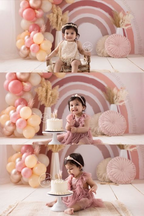 Boho Rainbow Birthday Photoshoot, Rainbow Boho Photoshoot, Boho Rainbow One Year Old Photoshoot, Boho Rainbow Birthday Decorations, Boho Birthday Pictures, Boho Rainbow 1st Birthday Photoshoot, Rainbow Boho Cake Smash, Rainbow Cake Smash Photoshoot, Boho Party Cake