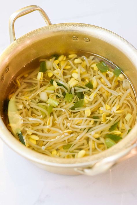 Korean Soybean Sprout Soup (Kongnamul Guk) Soybean Sprout Soup, Kongnamul Guk, Korean Homes, Bean Sprout Soup, Soybean Sprouts, Soup Korean, Sprout Soup, Korean Fish Cake, Radish Kimchi