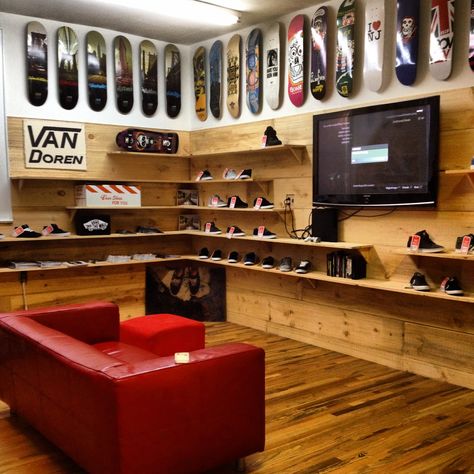 Introducing Underground Skateshop sneaker room. Nutley , NJ Skateshop Interior Design, Skateshop Interior, Skate Shop Design, Boys Industrial Bedroom, Sneaker Room, Shoe Store Design, Hypebeast Room, Shoe Room, Retail Store Interior Design